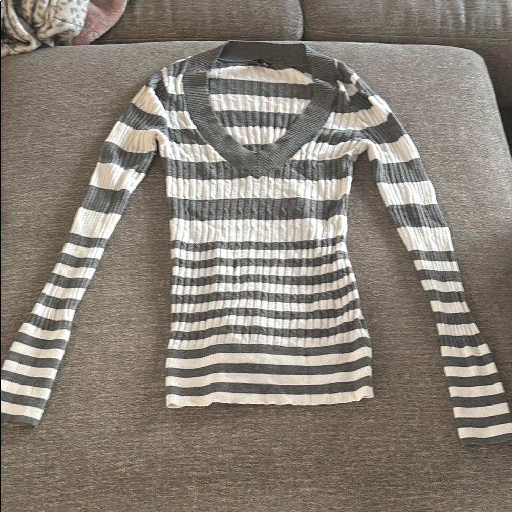 Gray and White Striped V-Neck Sweater